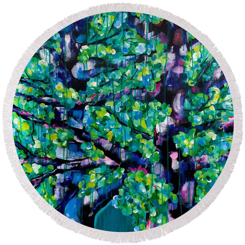 Trees Round Beach Towel featuring the painting Dancing in the Rain by Beth Ann Scott