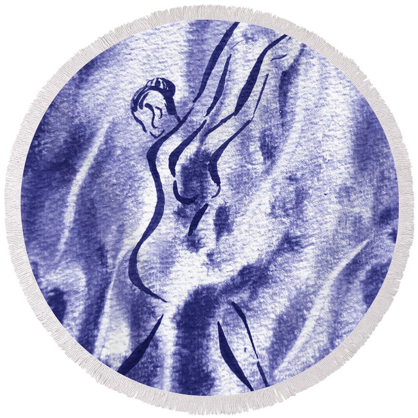 Abstract Dance Round Beach Towel featuring the painting Dancing Lady On The Wave Watercolor Abstract Water In Blue Purple Very Peri Decor XI by Irina Sztukowski