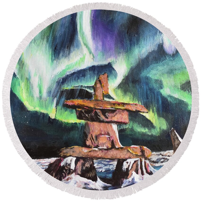 Inukshuk Round Beach Towel featuring the painting Dancing Lights - Churchill by Marilyn McNish