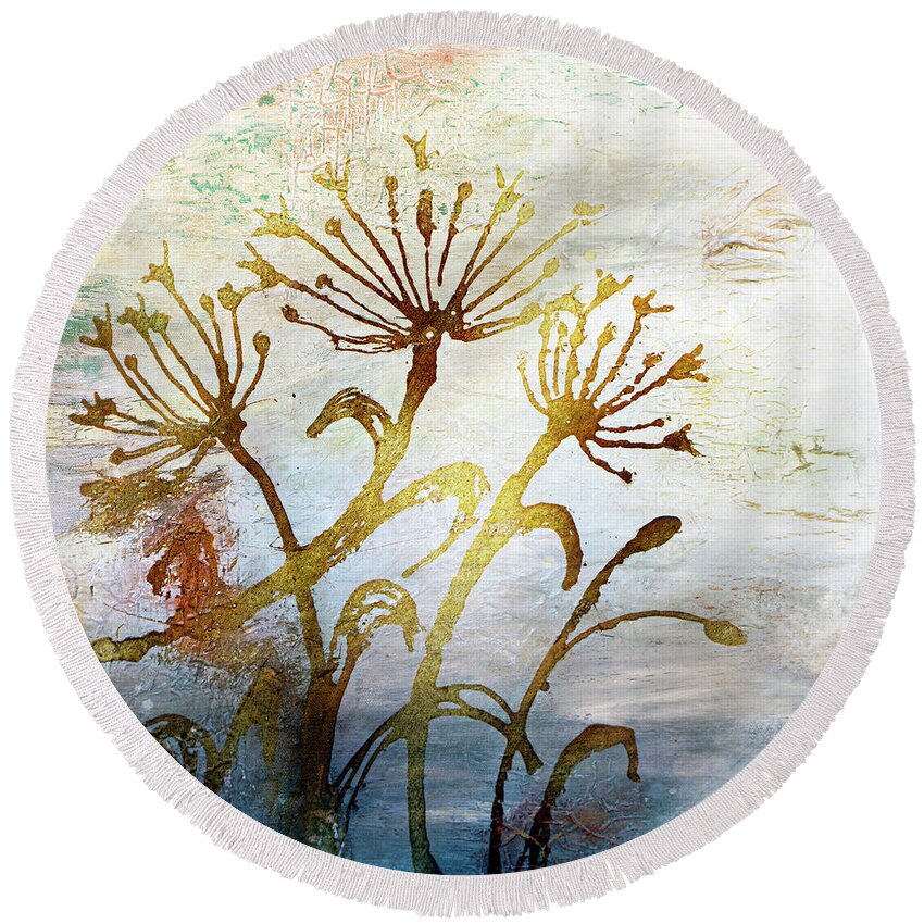Dandelion Round Beach Towel featuring the painting Dandelion Silhouette at Sunset by Joanne Herrmann