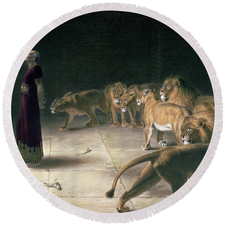 Daniel In The Lions Den Round Beach Towel featuring the painting Daniel in the Lions Den by Briton Riviere, oil on canvas by Briton Riviere