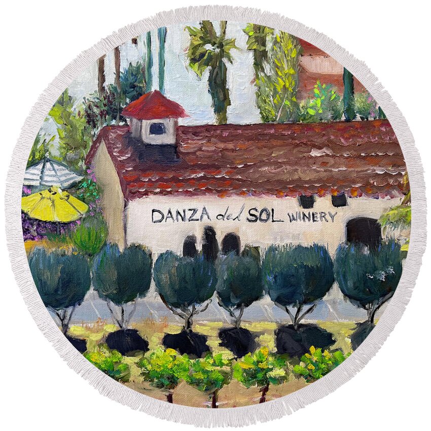 Danza Del Sol Round Beach Towel featuring the painting Danza del Sol Winery by Roxy Rich