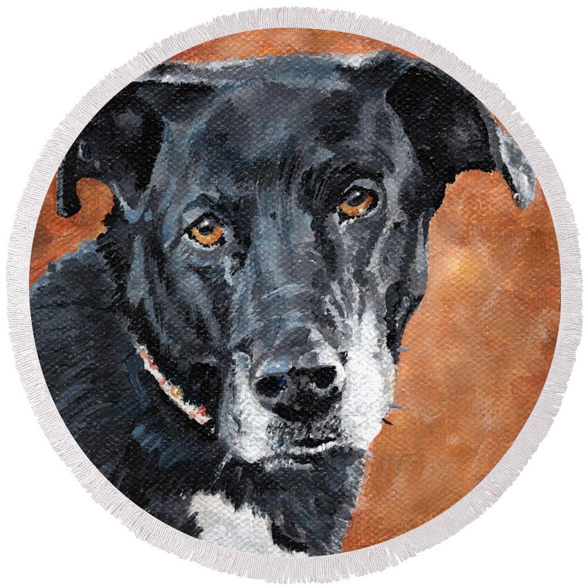 Pet Portrait Round Beach Towel featuring the painting Darcy - Black Dog by Annie Troe