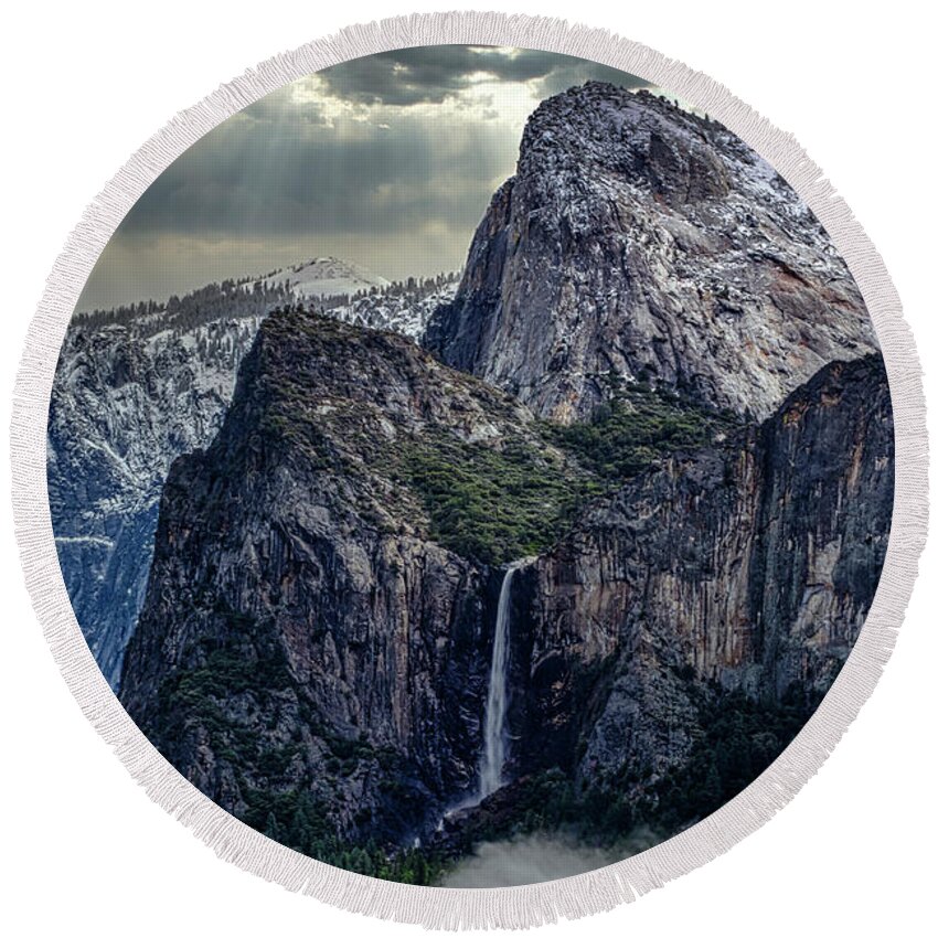 Landscape Round Beach Towel featuring the photograph Dark Clouds over Bridalveil Fall by Romeo Victor