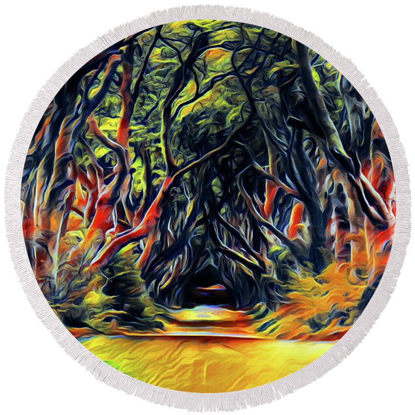 Tree-lined Round Beach Towel featuring the digital art Dark Hedges by - Zedi -