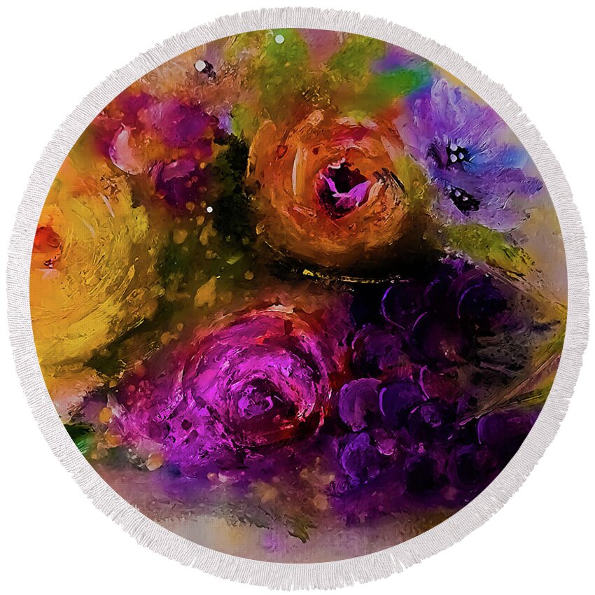 Dark Round Beach Towel featuring the painting Dark Painterly Swirled Flowers with Grapes by Lisa Kaiser