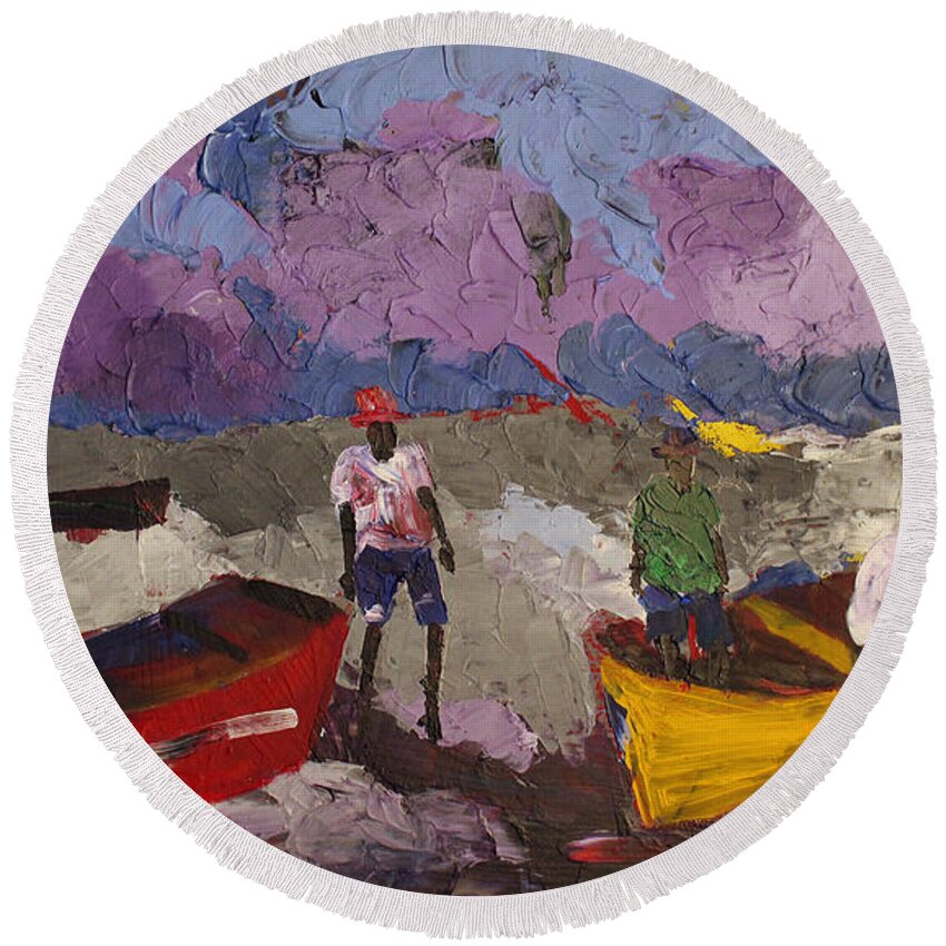 African Art Round Beach Towel featuring the painting Dark Purple Fishing Sky by Tarizai Munsvhenga