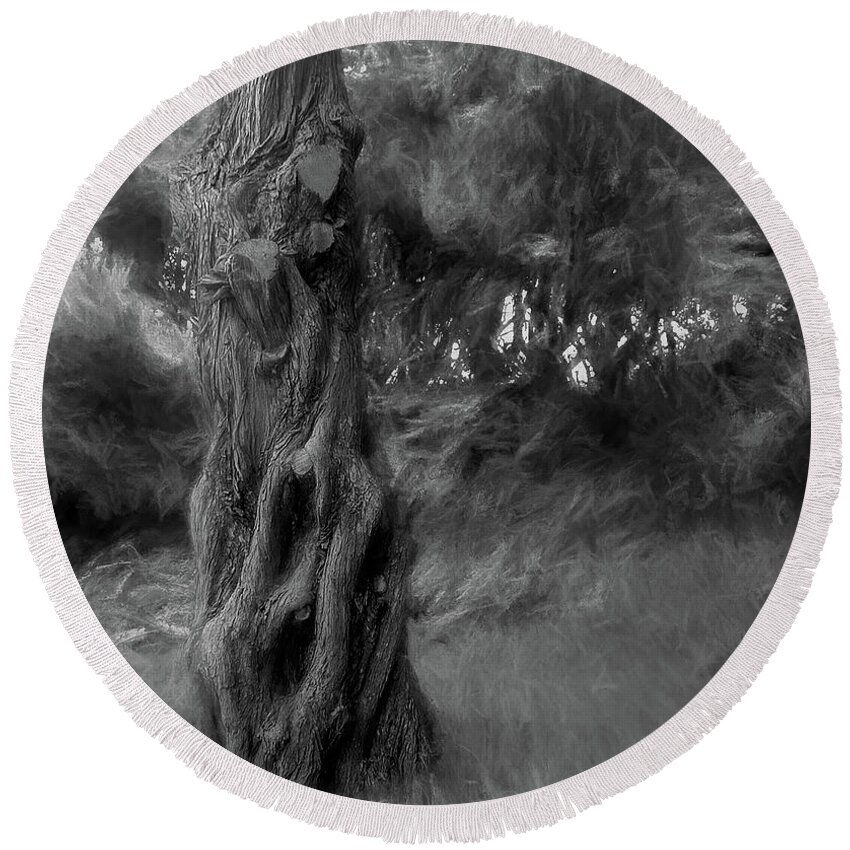 Tree Round Beach Towel featuring the photograph Dark Wind in the Cedars by Wayne King