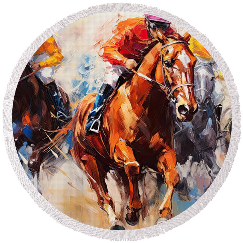 Horse Racing Round Beach Towel featuring the painting Dash of Dazzle - Colorful Horse Racing Wall Art by Lourry Legarde