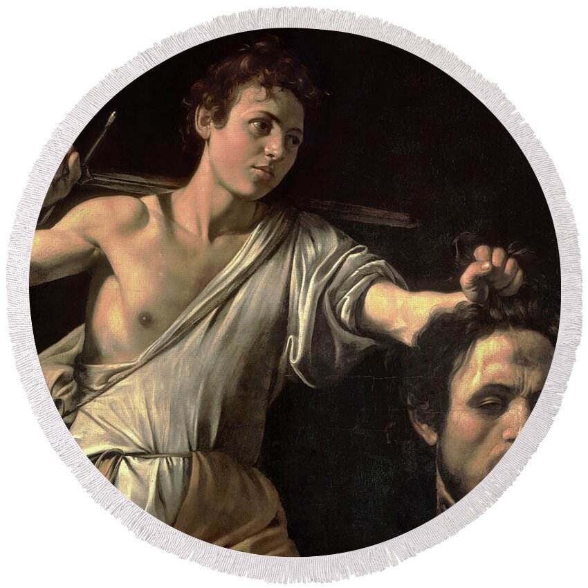 Michelangelo Caravaggio Round Beach Towel featuring the painting David With The Head Of Goliath by Troy Caperton