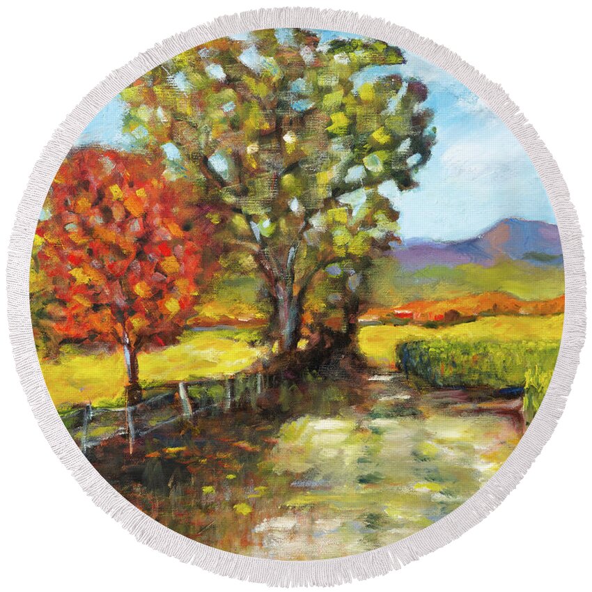 Corvallis Round Beach Towel featuring the painting Davis Family Farm by Mike Bergen