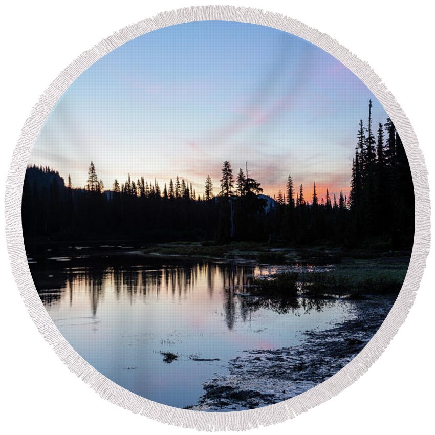 Outdoor; Dawn; Daybreak; Waxing Crescent Moon; Color; Lake; Alpine Lake; Washington Beauty Round Beach Towel featuring the digital art Dawn at Alpine Lake by Michael Lee