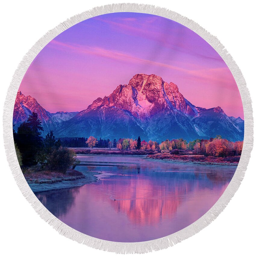 Dave Welling Round Beach Towel featuring the photograph Dawn Oxbow Bend Fall Grand Tetons National Park by Dave Welling