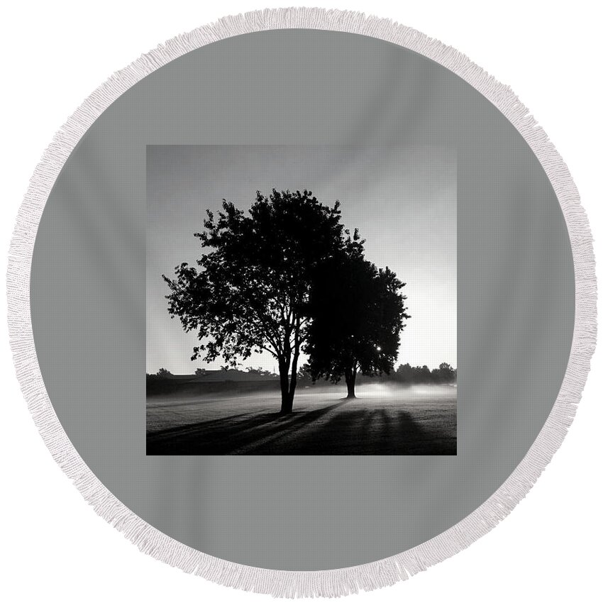 Tree Round Beach Towel featuring the photograph Dawn Peeks Through BW by Lee Darnell