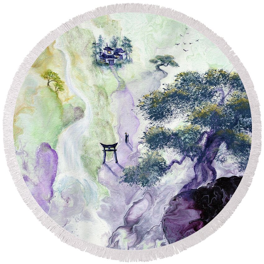 Waterfall Round Beach Towel featuring the painting Dawn Pilgrimage by Laura Iverson