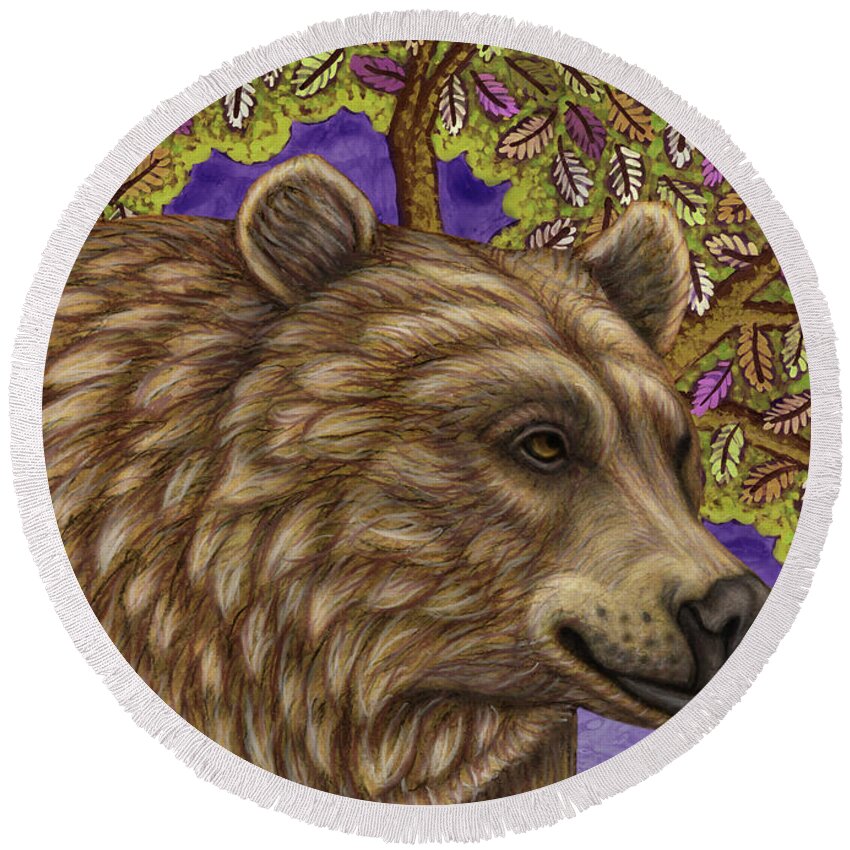 European Brown Bear Round Beach Towel featuring the painting Day Dreaming Brown Bear by Amy E Fraser