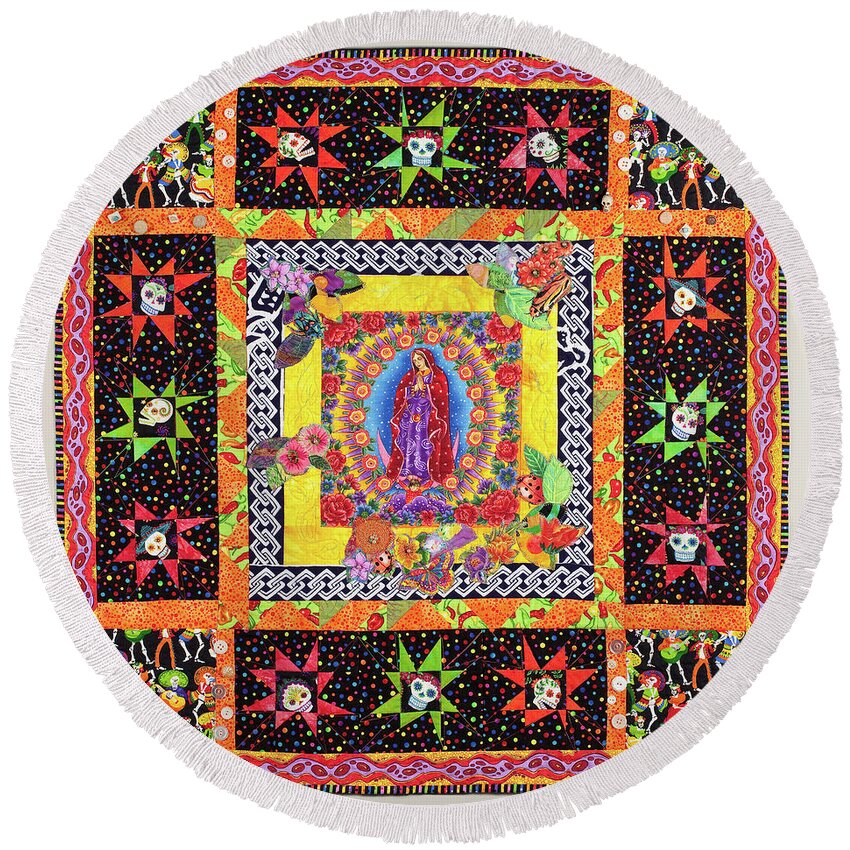 Day Of The Dead Round Beach Towel featuring the mixed media Day of the Dead Celebration by Vivian Aumond