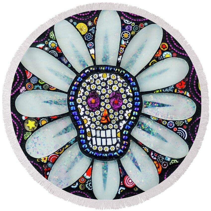 Day Of The Dead Round Beach Towel featuring the glass art Day of the Dead Daisy by Cherie Bosela