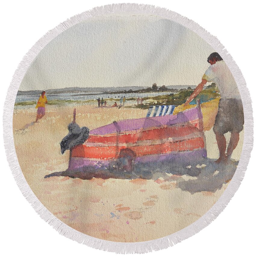 Seascape Round Beach Towel featuring the painting Day Trippers, Clonea Strand by Keith Thompson