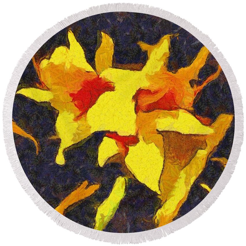 Lily Round Beach Towel featuring the mixed media Daylilies at Night by Christopher Reed