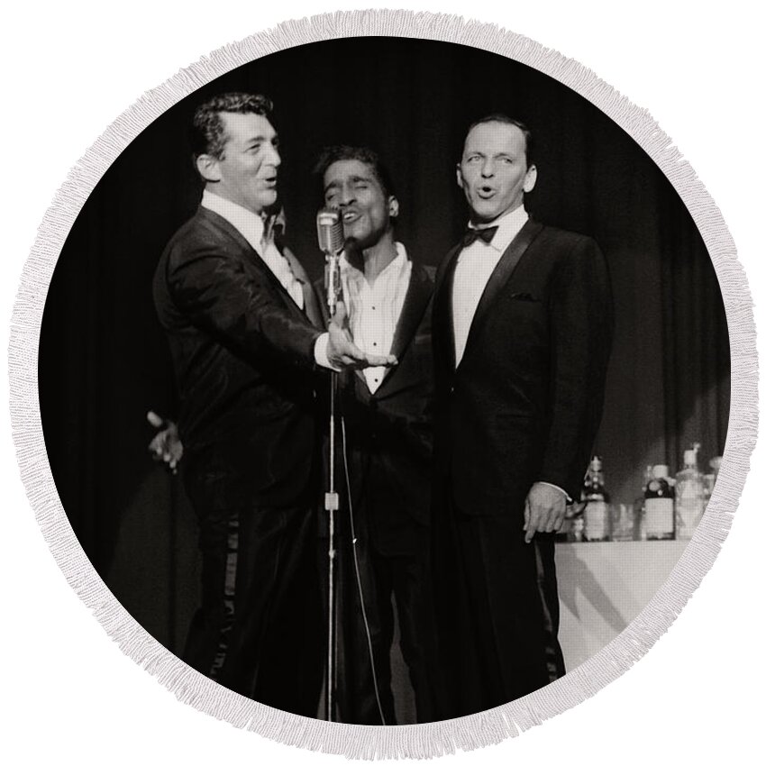 Sinatra Round Beach Towel featuring the photograph Dean Martin, Sammy Davis Jr. and Frank Sinatra. by Doc Braham