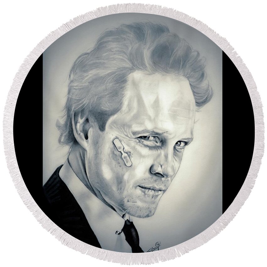 Dean Winters Round Beach Towel featuring the drawing Dean Winters - Mayhem - Original Edition by Fred Larucci