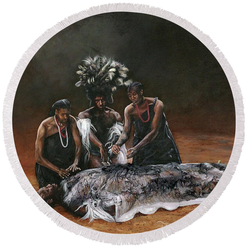 African Art Round Beach Towel featuring the painting Death of Nandi by Ronnie Moyo
