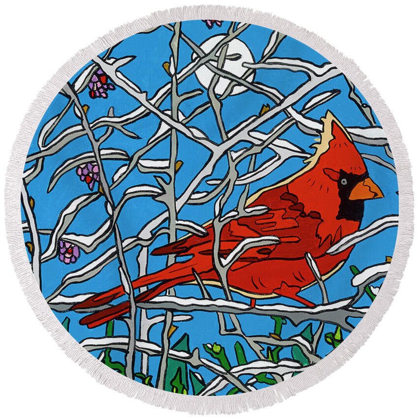 Cardinal December Round Beach Towel featuring the painting December Perch by Mike Stanko