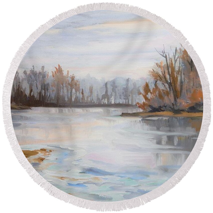 Ice Round Beach Towel featuring the painting December Sunrise by K M Pawelec