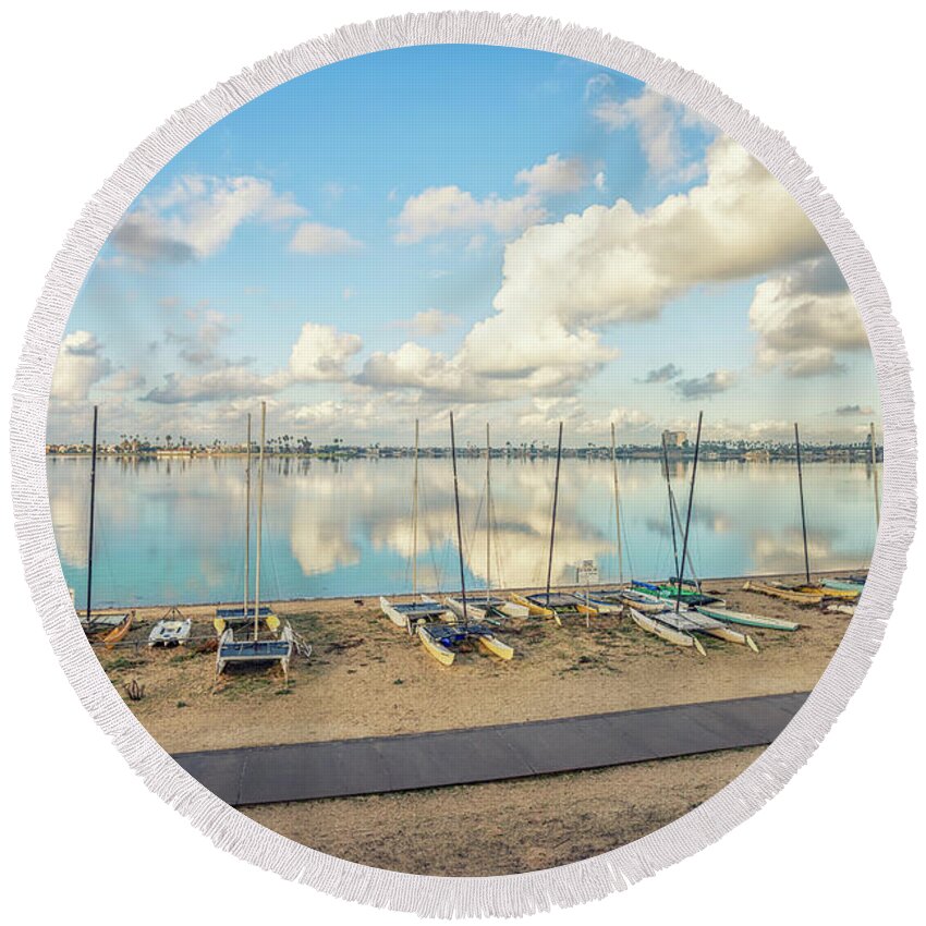San Diego Round Beach Towel featuring the photograph December's Reflections At Mission Bay Park 2 by Joseph S Giacalone