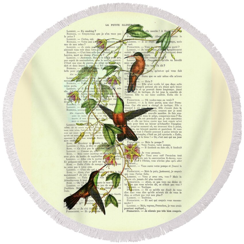 Hummingbird Round Beach Towel featuring the digital art Decorative fluttering hummingbirds art by Madame Memento