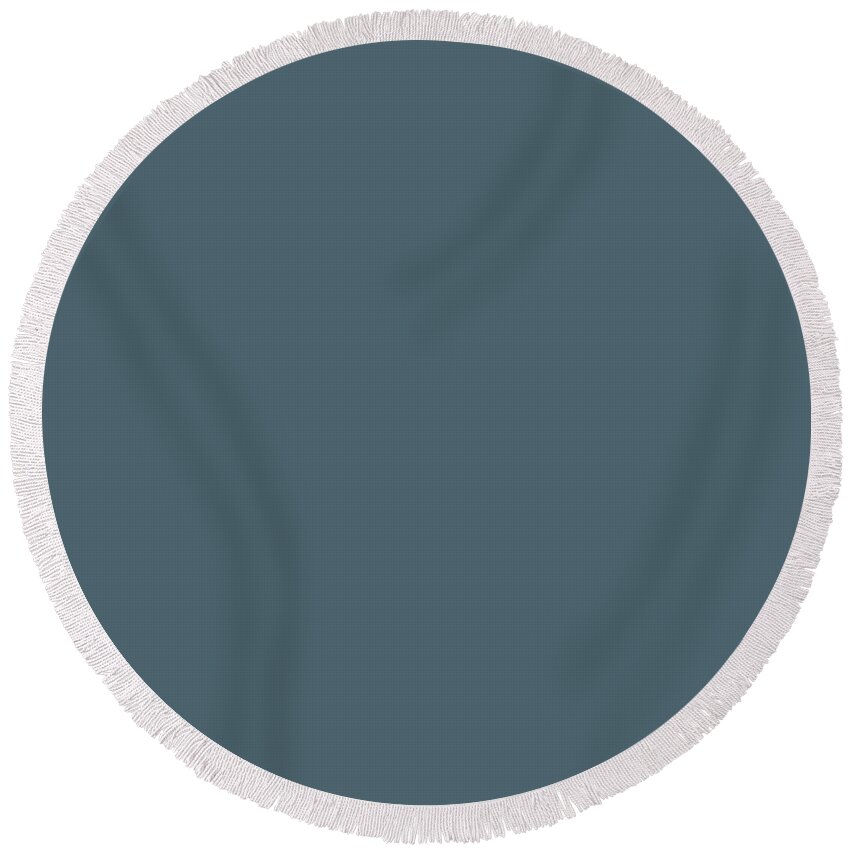 2021 Round Beach Towel featuring the digital art Deep Aquamarine Blue-Green Solid Color Pairs Farrow Ball 2021 Color of the Year Stiffkey Blue 281 by PIPA Fine Art - Simply Solid