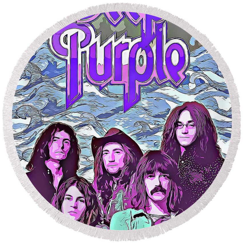 Deep Purple Round Beach Towel featuring the mixed media Deep Purple Art Smoke On The Water by The Rocker Chic