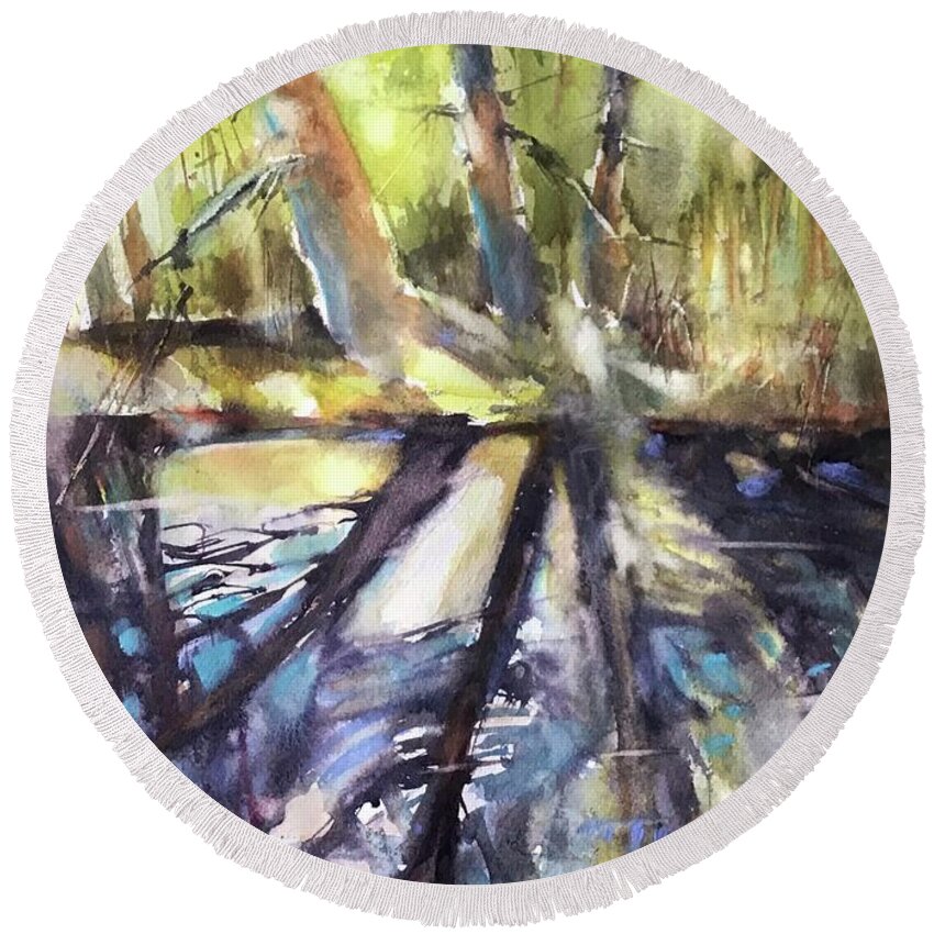 Landscape Round Beach Towel featuring the painting Deep Reflections by Judith Levins