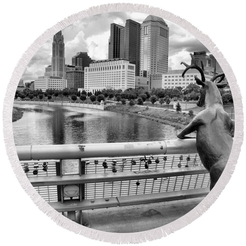 Rich Round Beach Towel featuring the photograph Deer On The Rich Street Bridge Black And White by Adam Jewell