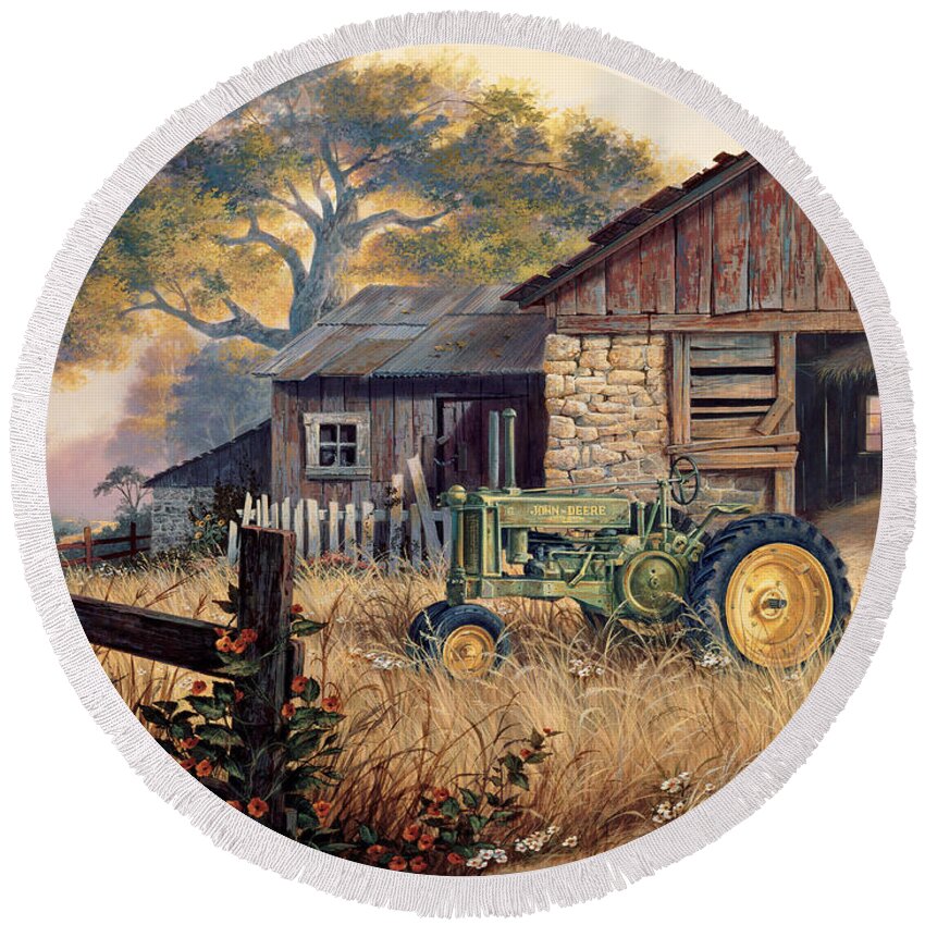Michael Humphries Round Beach Towel featuring the painting Deere Country by Michael Humphries