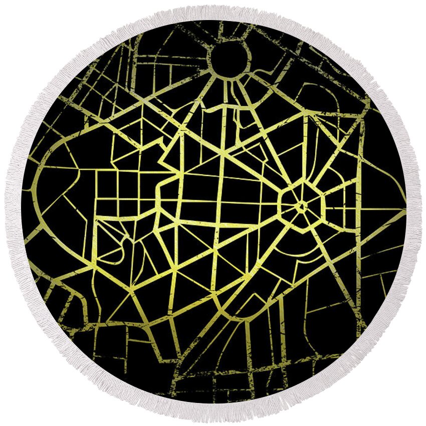Map Round Beach Towel featuring the digital art Delhi Map in Gold and Black by Sambel Pedes