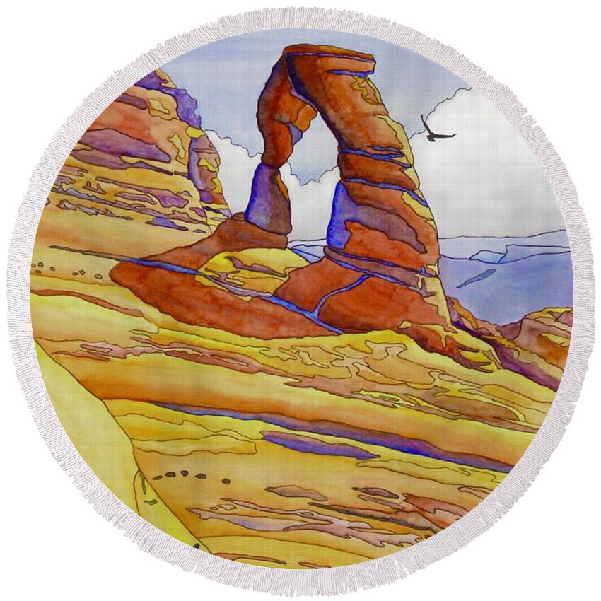 Kim Mcclinton Round Beach Towel featuring the painting Delicate Arch by Kim McClinton