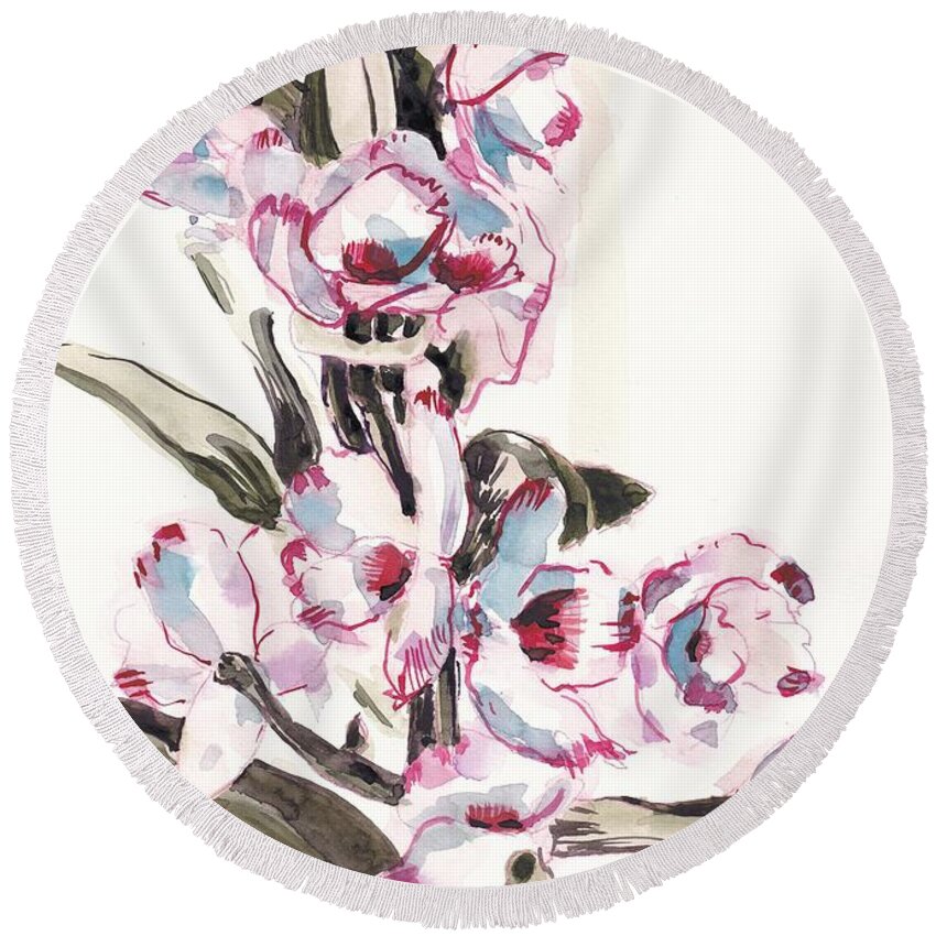 Noble Round Beach Towel featuring the painting Dendrobium Nobile by George Cret