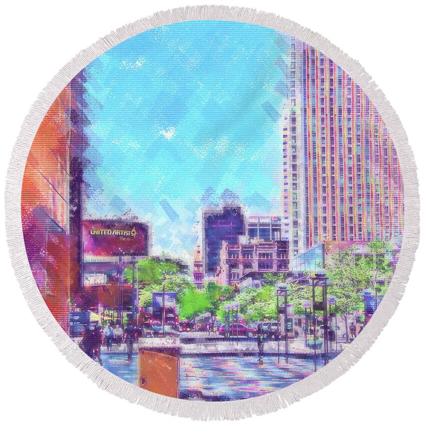 Denver Round Beach Towel featuring the digital art Denver 16th Street Mall In Pastel by Kirt Tisdale