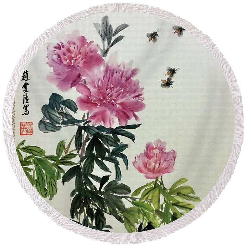 Peony Flowers Round Beach Towel featuring the painting Depend On Each Other - 5 by Carmen Lam