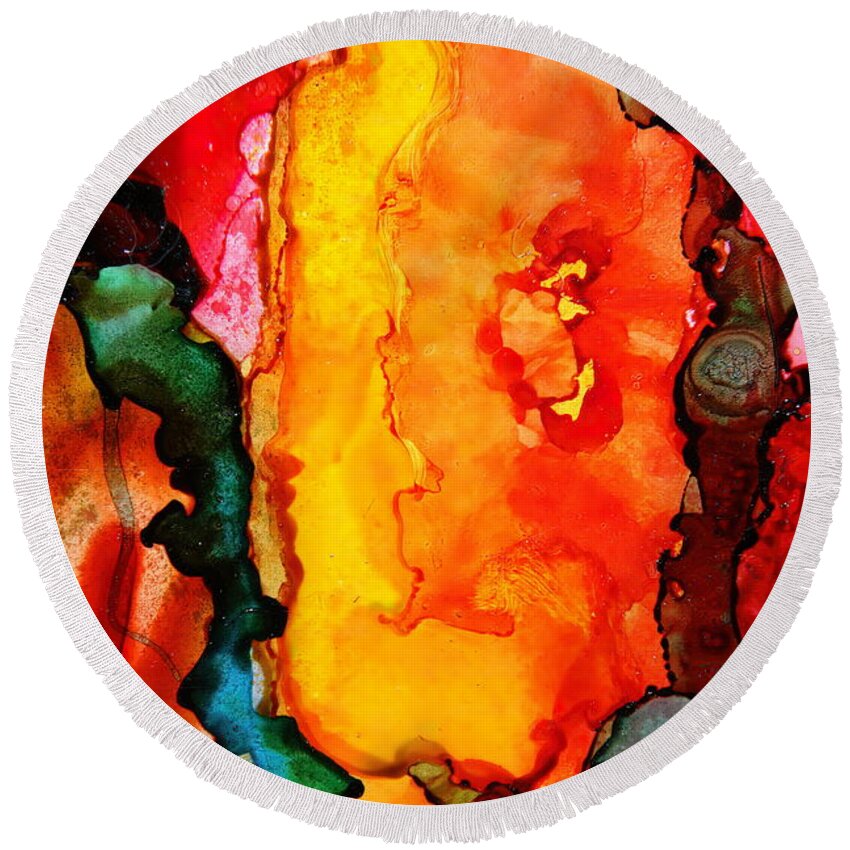 Abstract Round Beach Towel featuring the painting Depths of Coral by Jolanta Anna Karolska
