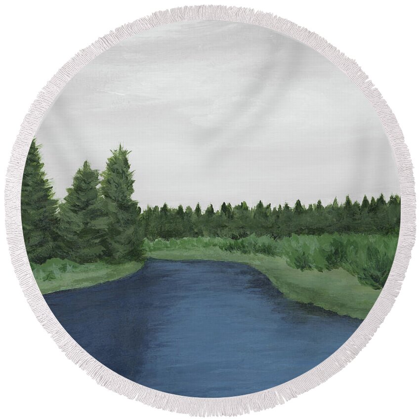Navy Blue Round Beach Towel featuring the painting Deschutes River Bend I by Rachel Elise
