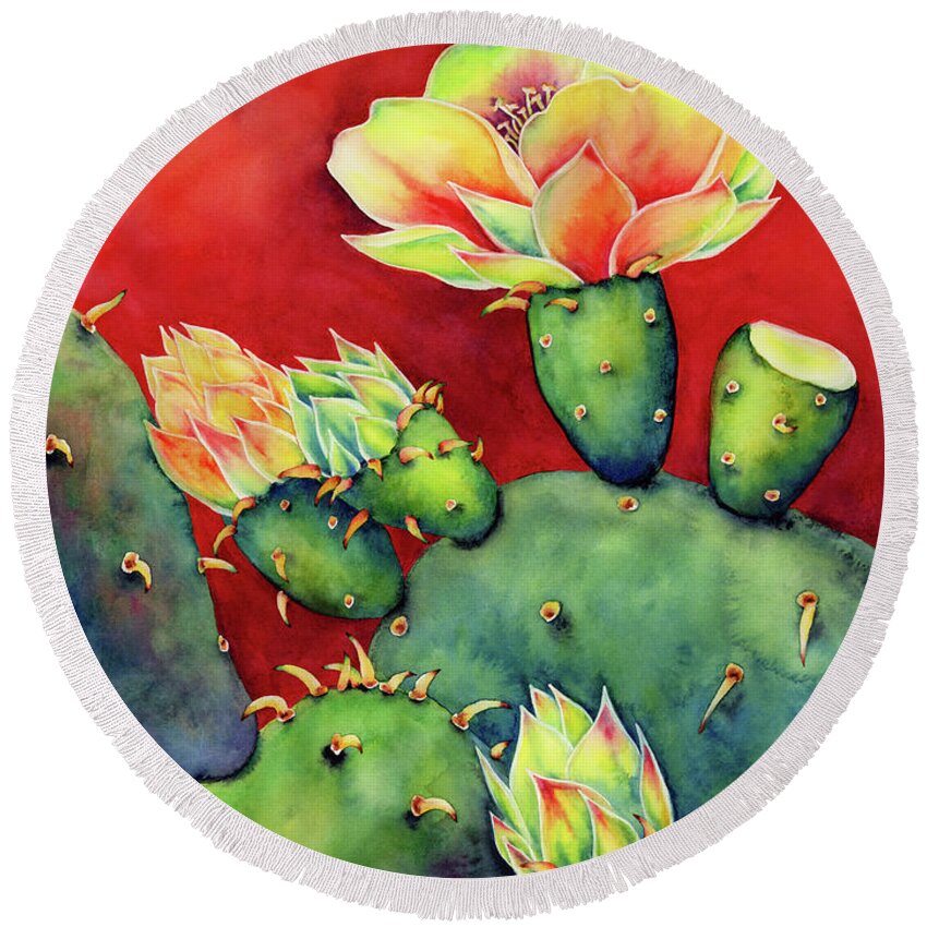 Cactus Round Beach Towel featuring the painting Desert Bloom by Hailey E Herrera
