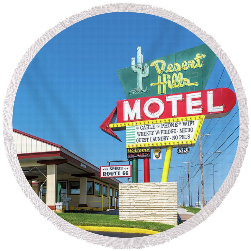 Desert Hills Motel Round Beach Towel featuring the photograph Desert Hills Motel by Bert Peake