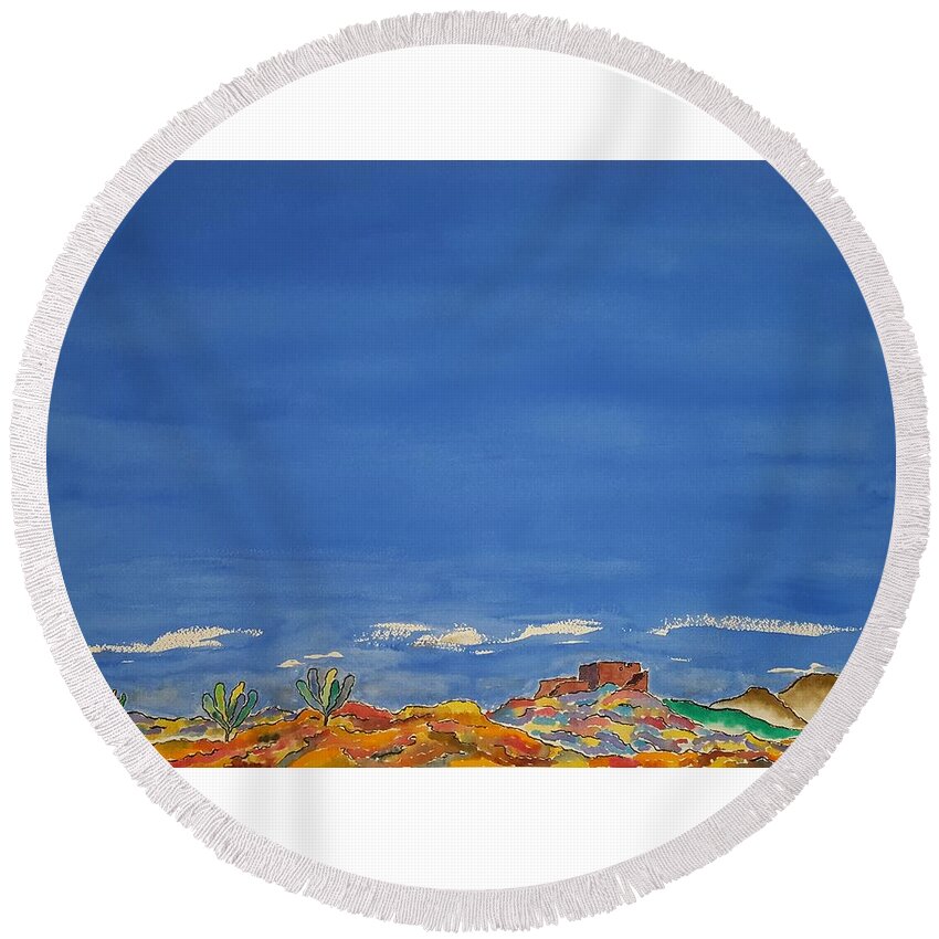 Watercolor Round Beach Towel featuring the painting Desert Panorama by John Klobucher
