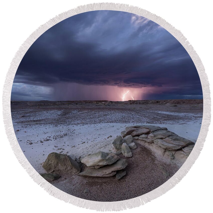 Storm Round Beach Towel featuring the photograph Desert Storm with Lightning by Wesley Aston