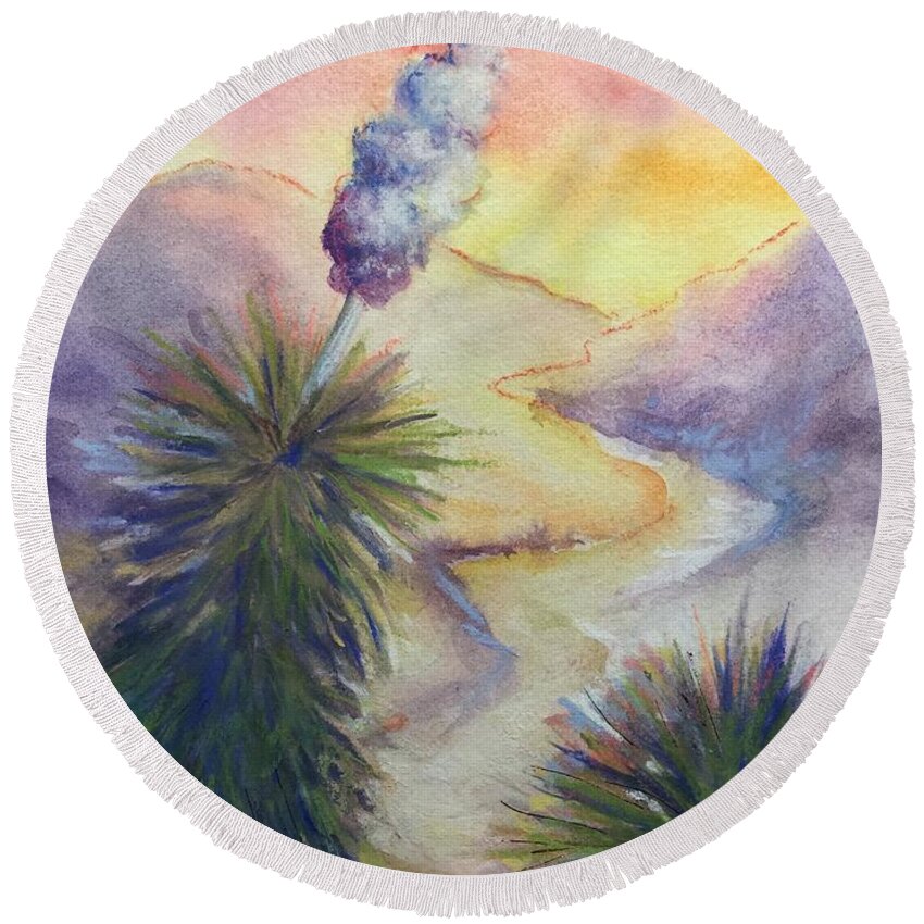 Yucca At Sunset Round Beach Towel featuring the painting Desert yucca at sunset by Caroline Patrick