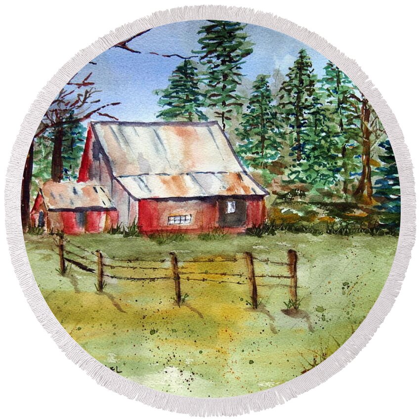Barns Round Beach Towel featuring the painting Deserted Barn by Jacquelin Bickel