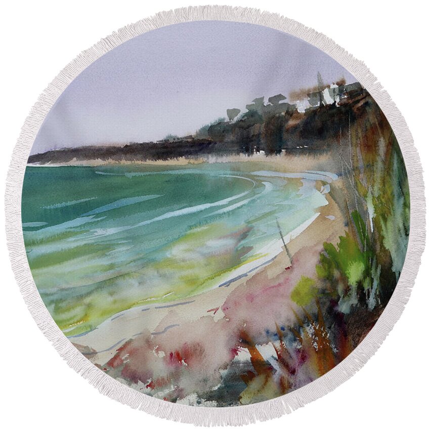 Landscape Round Beach Towel featuring the painting Deserted Beach by Shirley Peters